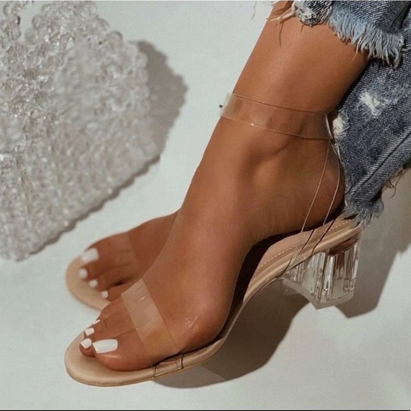Shoes - Nude Clear Strap Low Chunky Heel